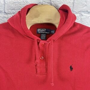 Polo Ralph Lauren Sweater Men Red Henley Hooded Pullover Fleece Pony Size 2XL